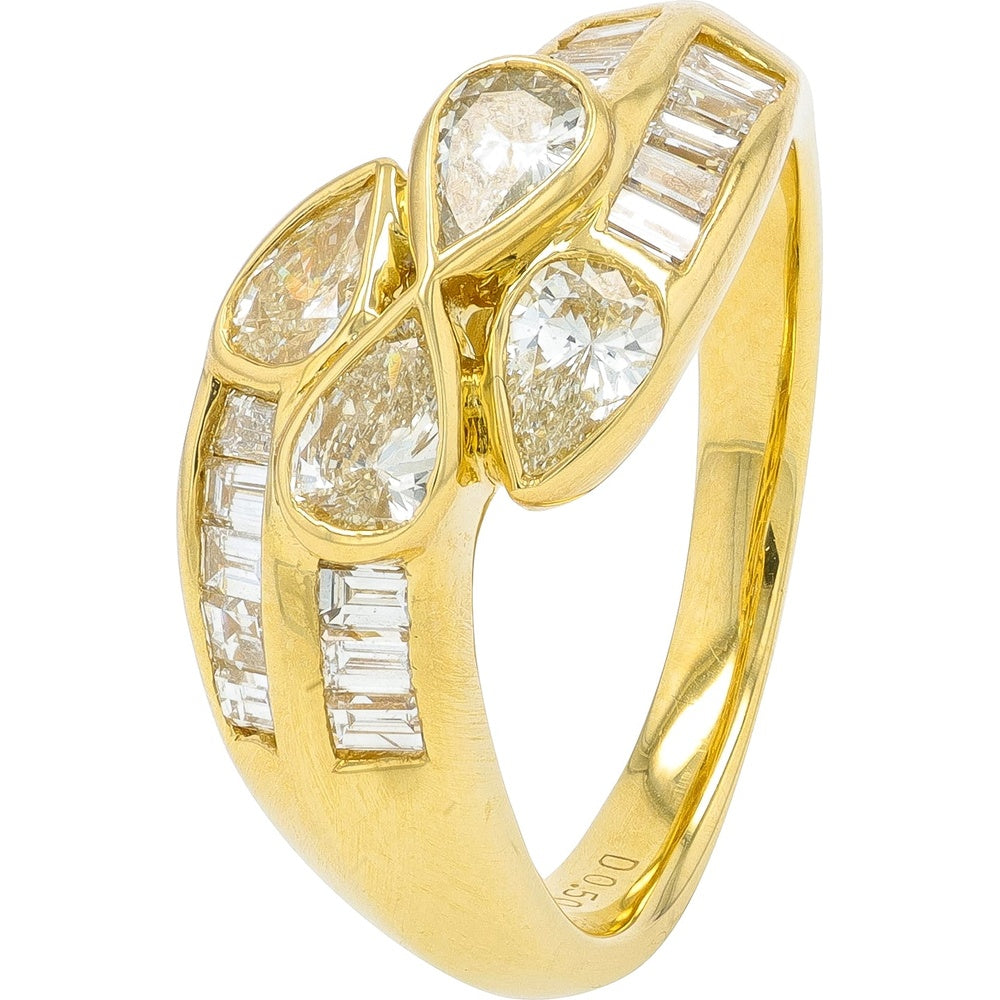 18K Yellow Gold Diamond Cluster Ring with Pear and Baguette Cut Stones - 1.18 Carat Total Diamond Weight