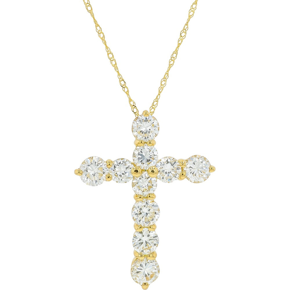 18K Yellow Gold Diamond Cross Pendant with Prong Set Round Diamonds - 3.09 Carat Total Diamond Weight