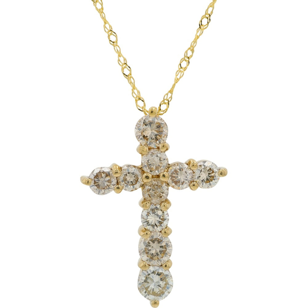 18K Yellow Gold Diamond Cross Pendant with Round Brilliant Prong-Set Diamonds - 1.00 Carat Total Diamond Weight on 18 Inch Chain