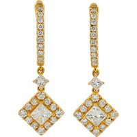18K Yellow Gold Diamond Dangle Earrings with 2.10 Carat Total Diamond Weight - Princess Cut and Round Diamonds