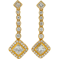 18K Yellow Gold Diamond Dangle Earrings with Princess Cut and Halo - 2.51 Carat Total Diamond Weight
