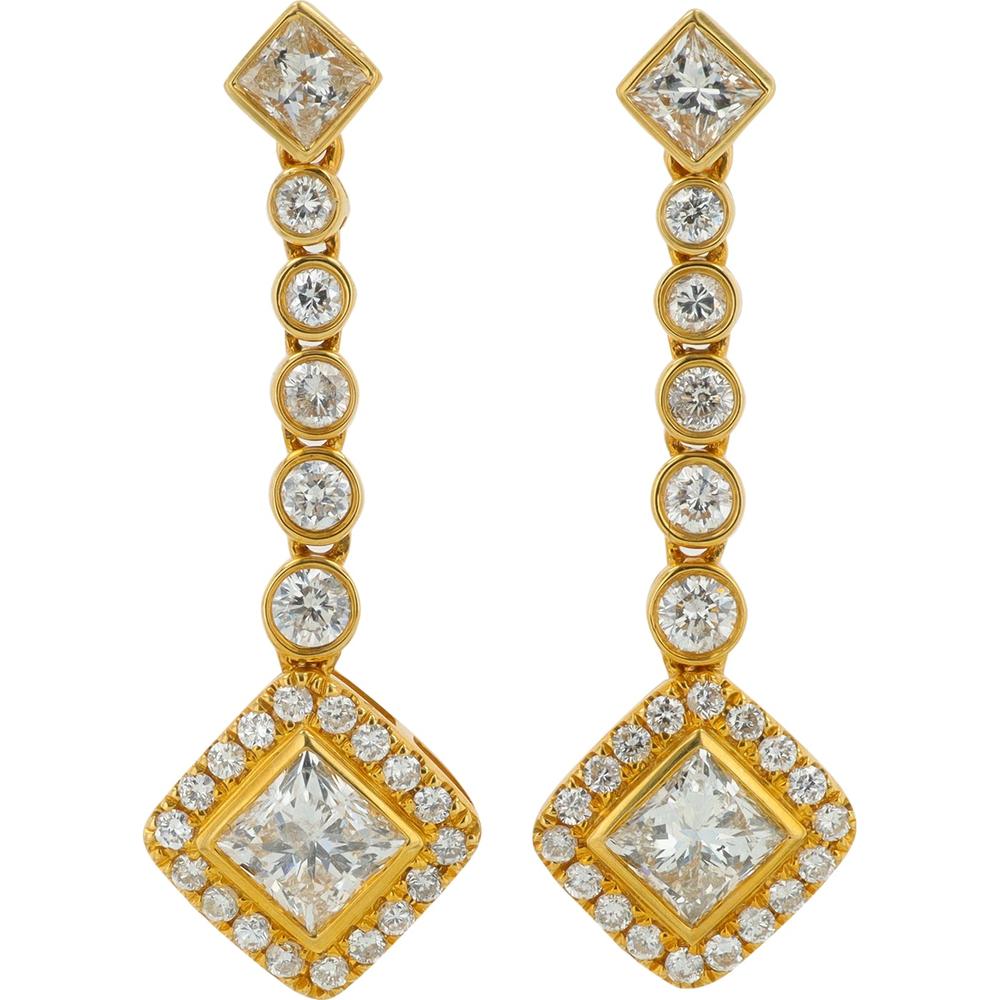 18K Yellow Gold Diamond Dangle Earrings with Princess Cut and Halo - 2.51 Carat Total Diamond Weight