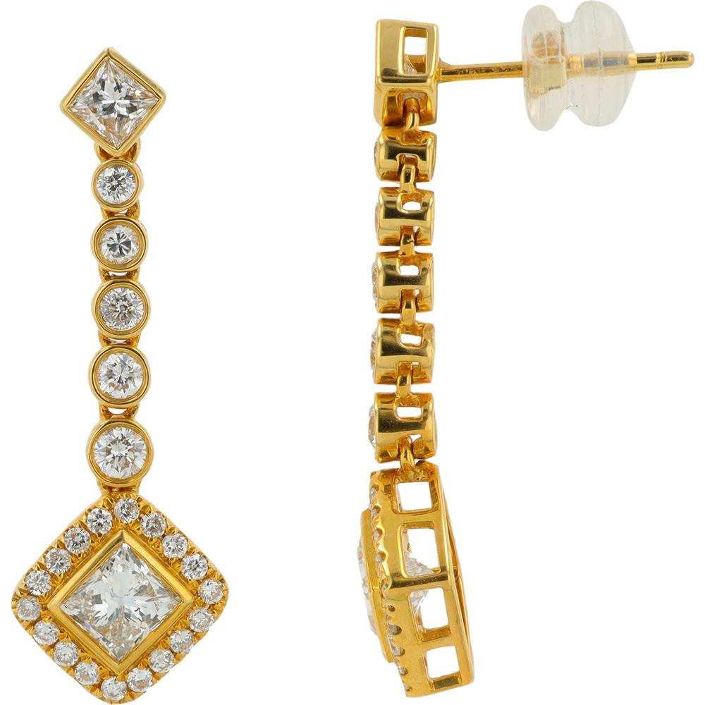 18K Yellow Gold Diamond Dangle Earrings with Princess Cut and Halo - 2.51 Carat Total Diamond Weight