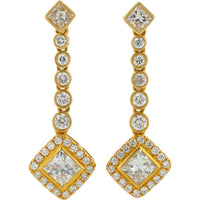 18K Yellow Gold Diamond Dangle Earrings with Princess Cut & Round Diamonds - 2.57 Carat Total Diamond Weight