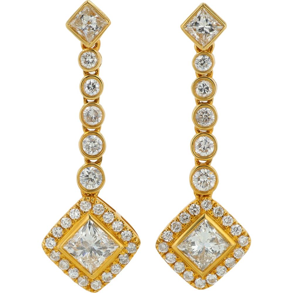 18K Yellow Gold Diamond Dangle Earrings with Princess Cut & Round Diamonds - 2.57 Carat Total Diamond Weight