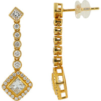 18K Yellow Gold Diamond Dangle Earrings with Princess Cut & Round Diamonds - 2.57 Carat Total Diamond Weight