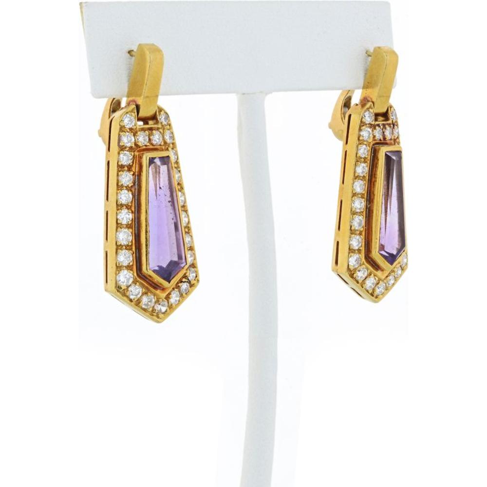 18K Yellow Gold Diamond Drop Earrings with Amethyst - 3 Carats Total Diamond Weight