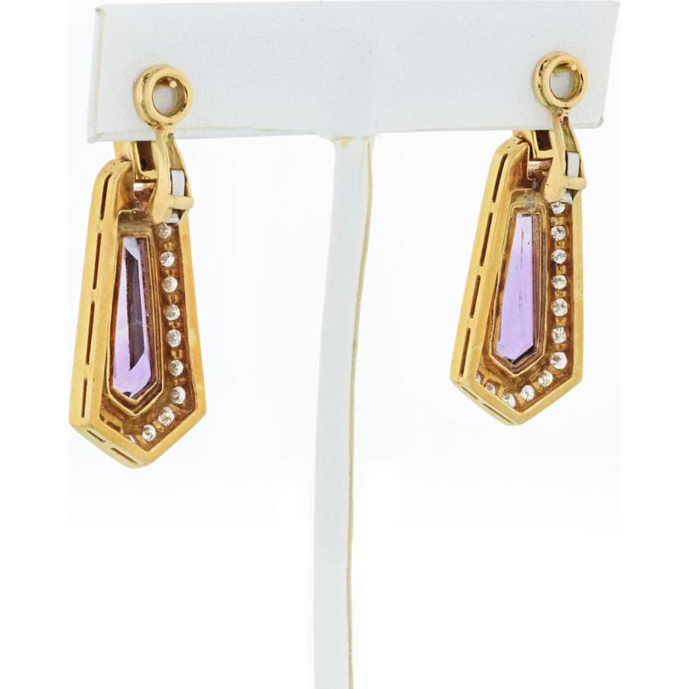 18K Yellow Gold Diamond Drop Earrings with Amethyst - 3 Carats Total Diamond Weight