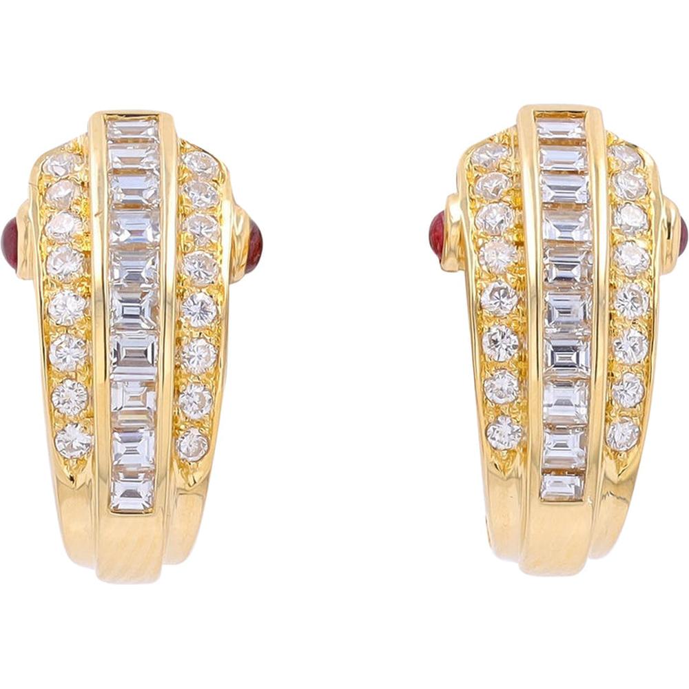 18K Yellow Gold Diamond Earrings with Ruby Accents - 1.31 Carats