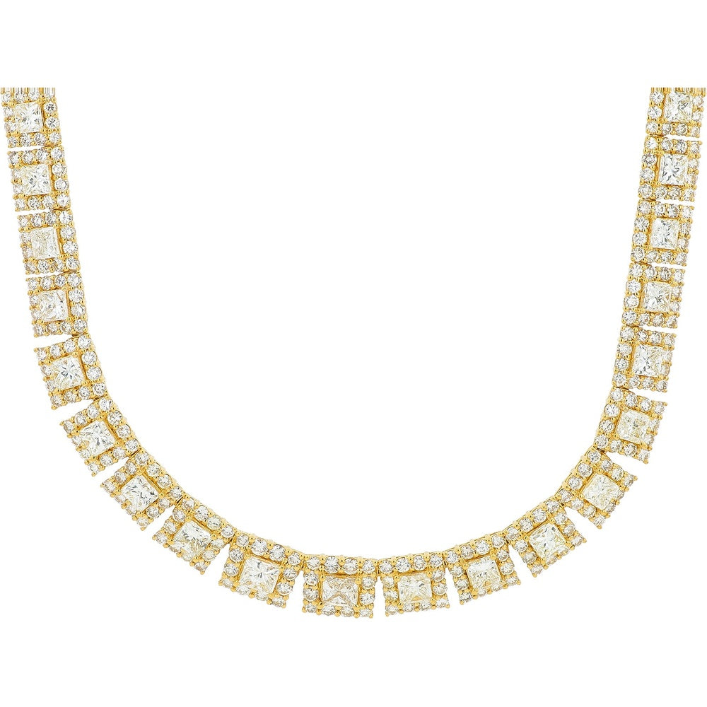 18K Yellow Gold Diamond Halo Necklace with Prong Set Round and Cushion Cut Diamonds - 38.90 Carat Total Diamond Weight