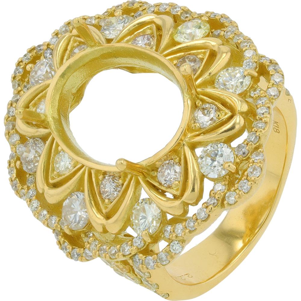 18K Yellow Gold Diamond Halo Semi-Mount Ring with 2.25 Carat Total Diamond Weight