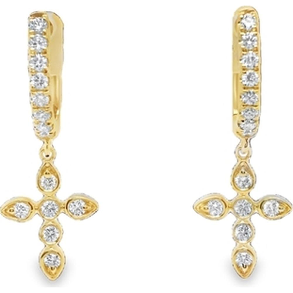 18K Yellow Gold Diamond Huggie Drop Earrings with Cross Motif by Afarin