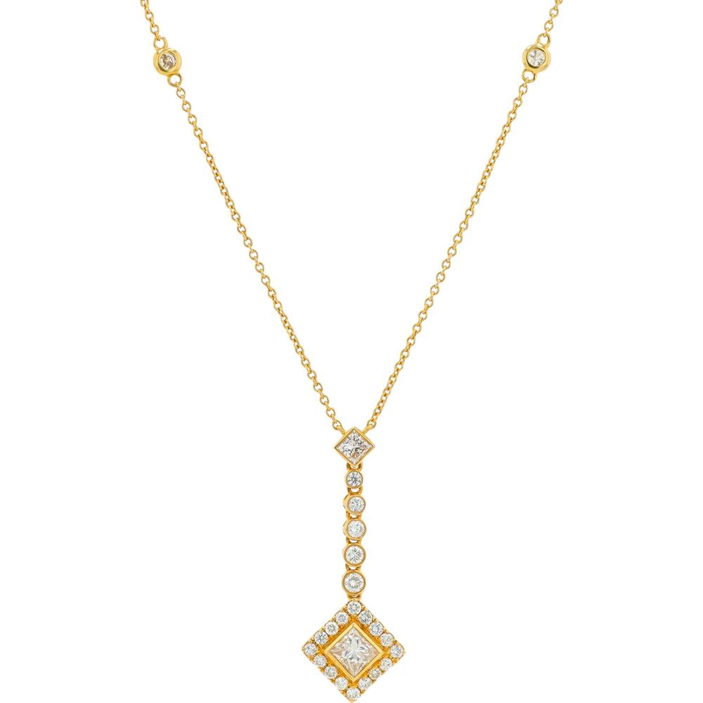 18K Yellow Gold Diamond Pendant Necklace with 1.00 Carat Princess Cut Center and 2.04 Carat Total Diamond Weight