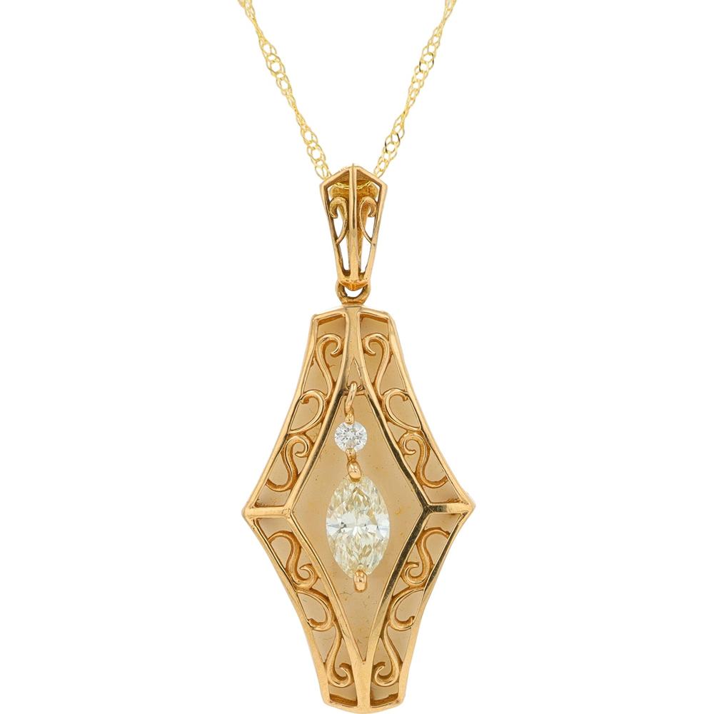 18K Yellow Gold Diamond Pendant with 0.36 Carat Marquise Diamond and Round Diamond Accent - 0.39 Carat Total Diamond Weight