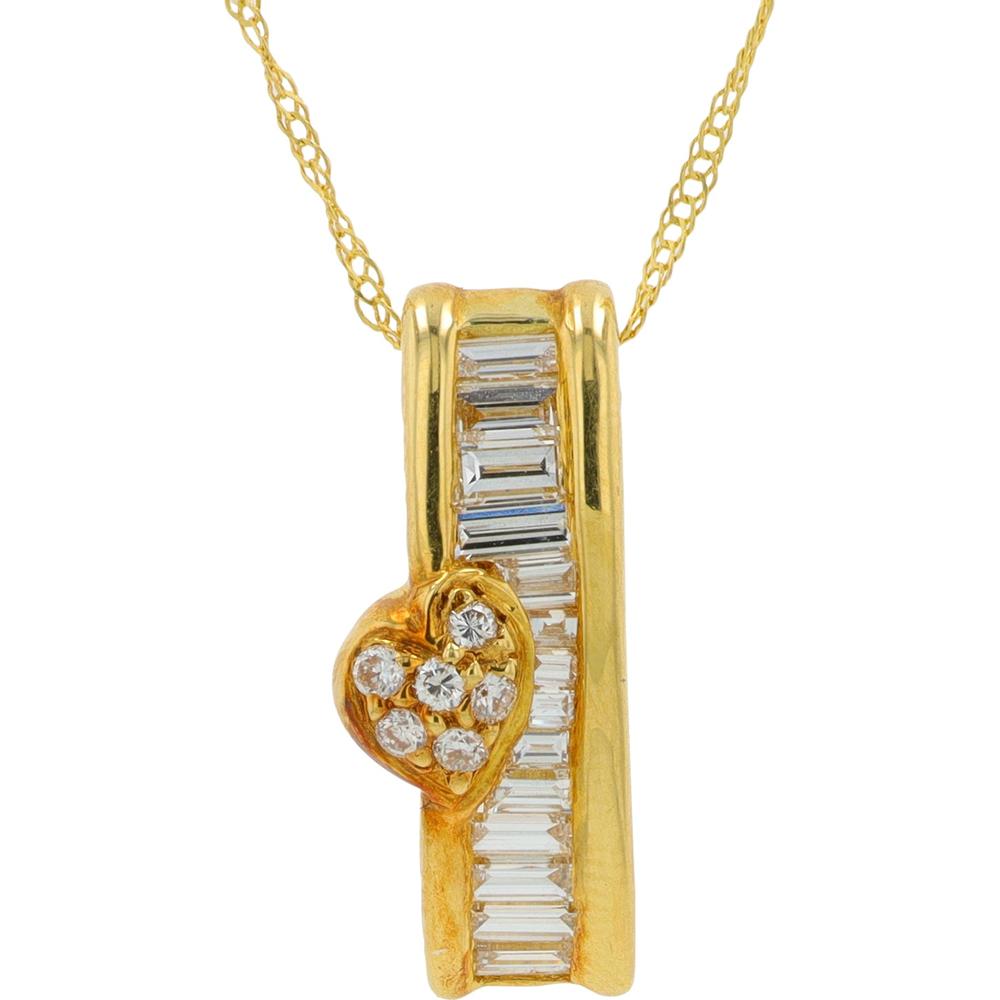 18K Yellow Gold Diamond Pendant with Baguette and Heart - Shaped Diamonds - 0.51 Carat Total Diamond Weight