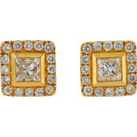 18K Yellow Gold Diamond Princess Cut Halo Stud Earrings - 1.35 Carat Total Diamond Weight