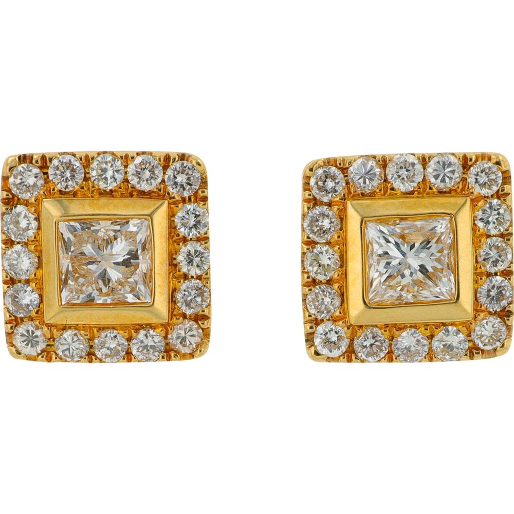 18K Yellow Gold Diamond Princess Cut Halo Stud Earrings - 1.35 Carat Total Diamond Weight