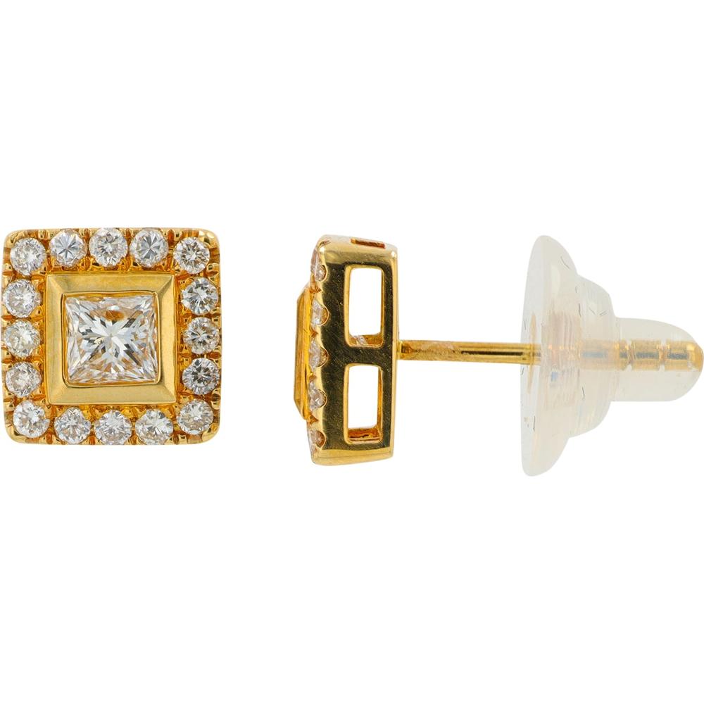 18K Yellow Gold Diamond Princess Cut Halo Stud Earrings - 1.35 Carat Total Diamond Weight