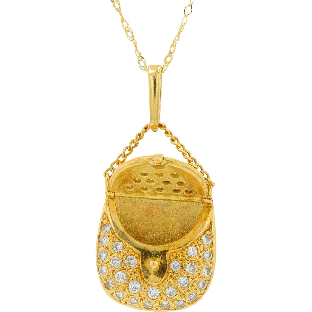 18K Yellow Gold Diamond Purse Pendant with Pavé-Set Round Diamonds - 0.38 Carat Total Diamond Weight and 18-Inch Chain