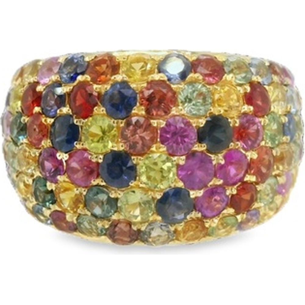 18K Yellow Gold Domed Band Ring with Round Multi-Color Sapphires by Afarin