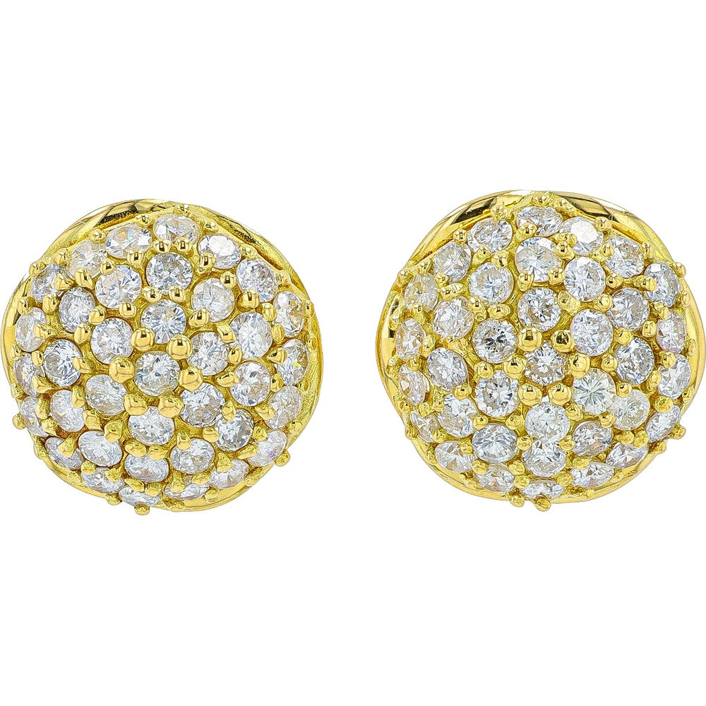 18K Yellow Gold Domed Cluster Stud Earrings with Prong-Set Round Diamonds - 1.46 Carat Total Diamond Weight