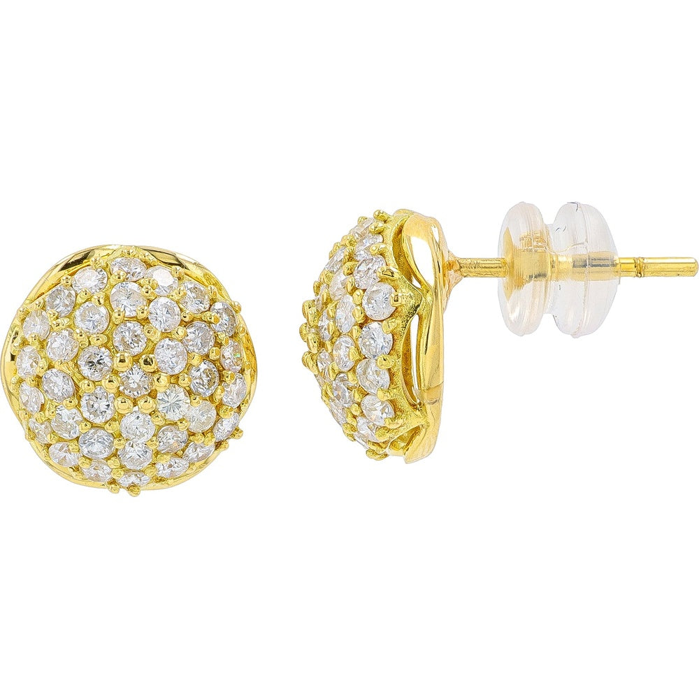 18K Yellow Gold Domed Cluster Stud Earrings with Prong-Set Round Diamonds - 1.46 Carat Total Diamond Weight