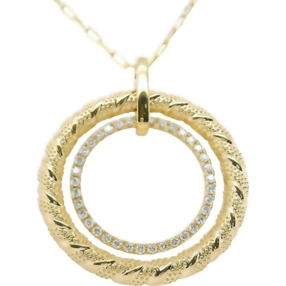 18K Yellow Gold Double Circle Pendant Necklace with Round Diamonds and Textured Open Ring Design by Afarin