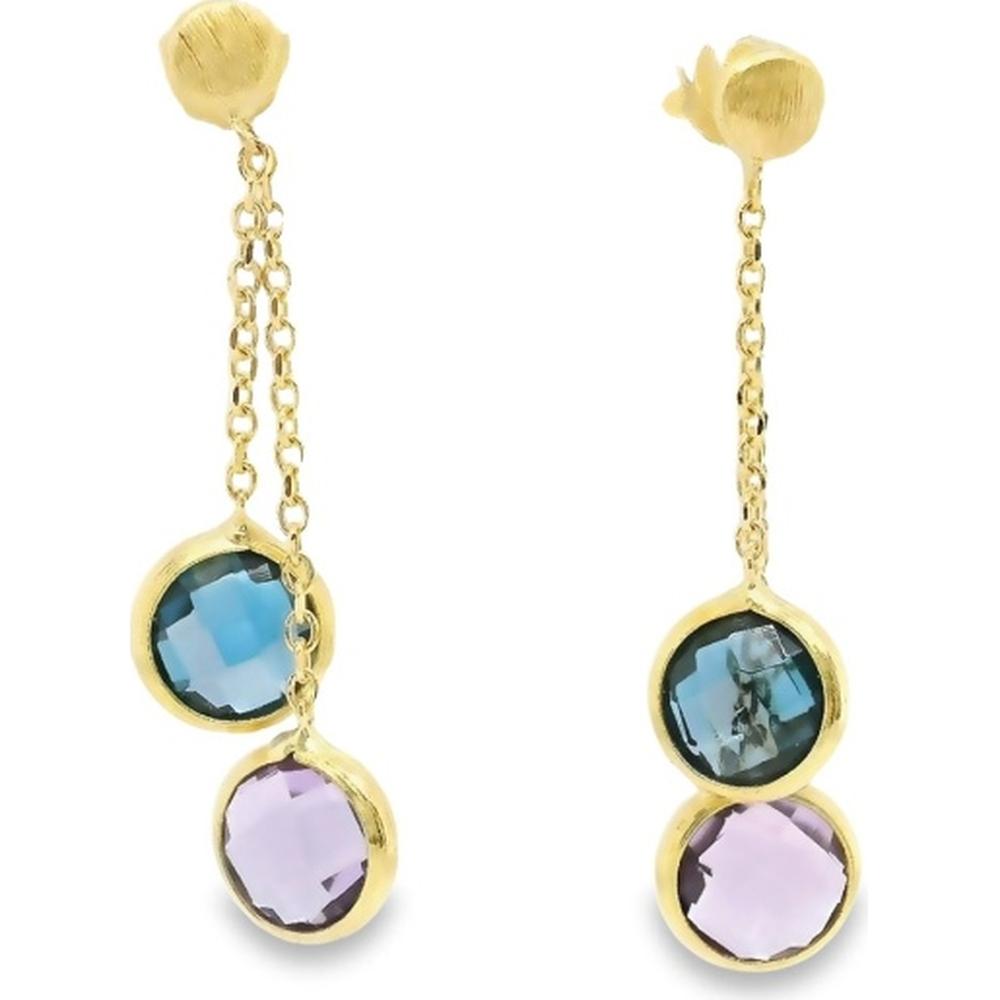 18K Yellow Gold Double Drop Earrings with Bezel-Set Blue and Lavender Semi-Precious Gemstones by Afarin
