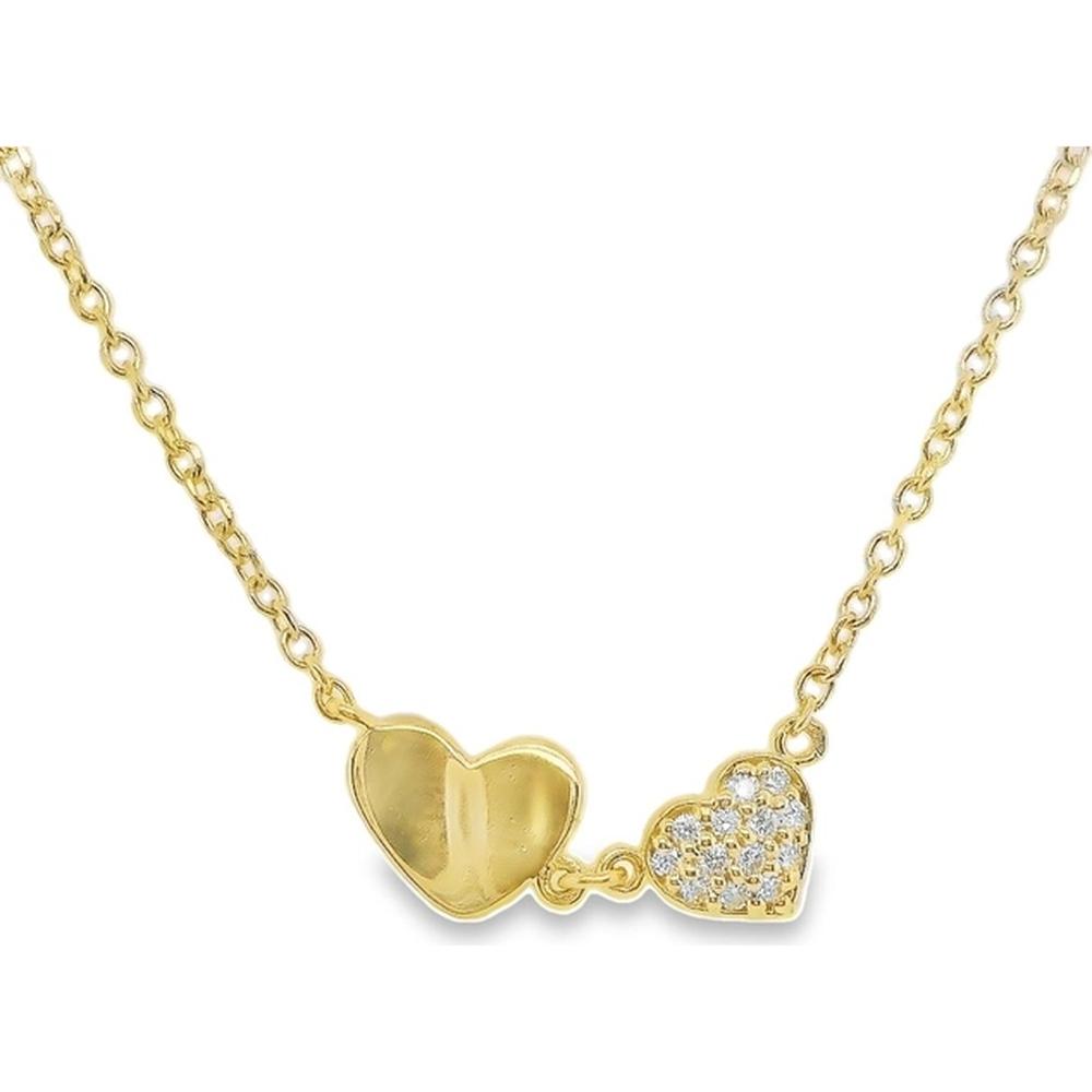 18K Yellow Gold Double Heart Necklace with Polished Gold Heart and Round Diamond Heart Accents by Afarin