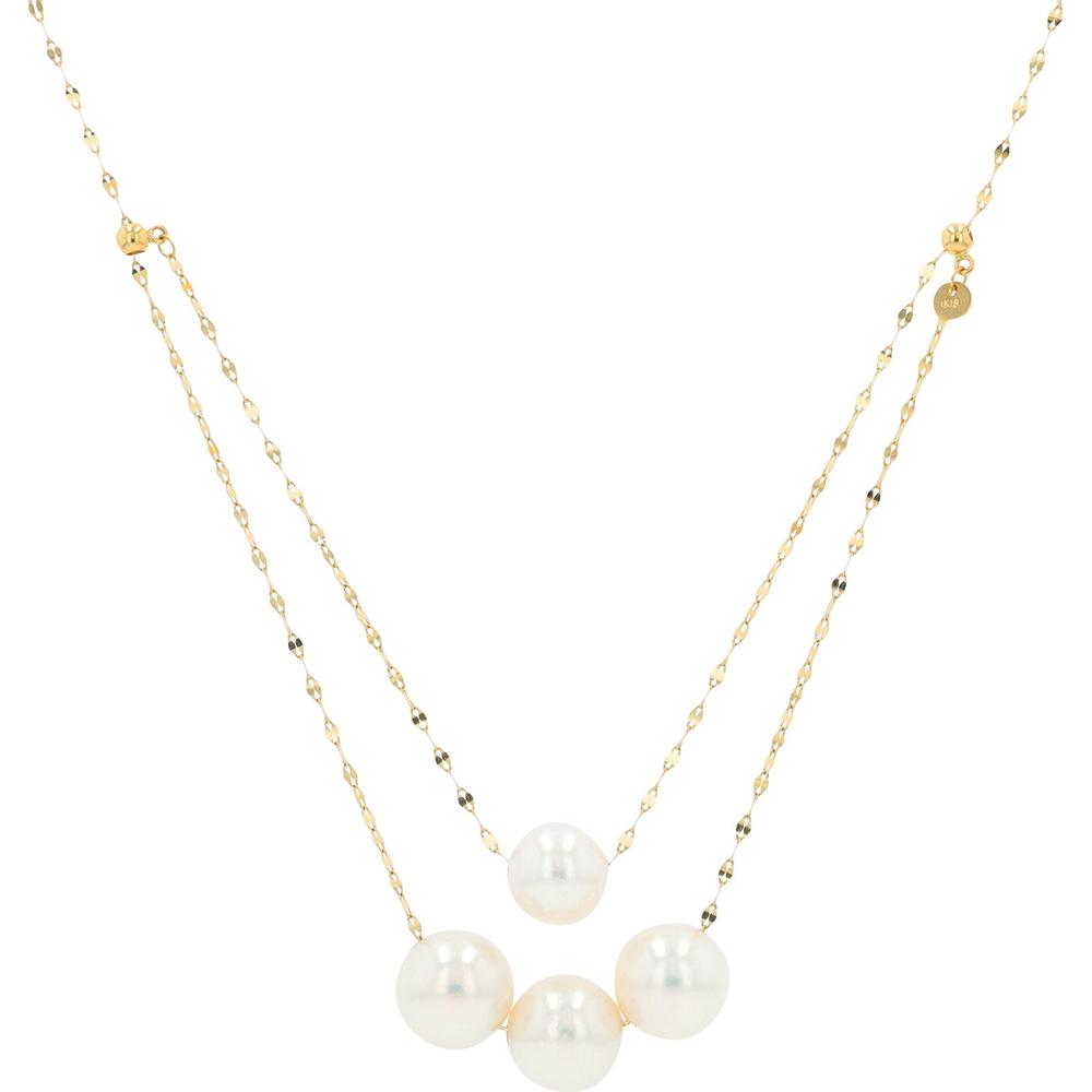 18K Yellow Gold Double Layer Necklace with Lustrous Round Pearls - Timeless Elegance