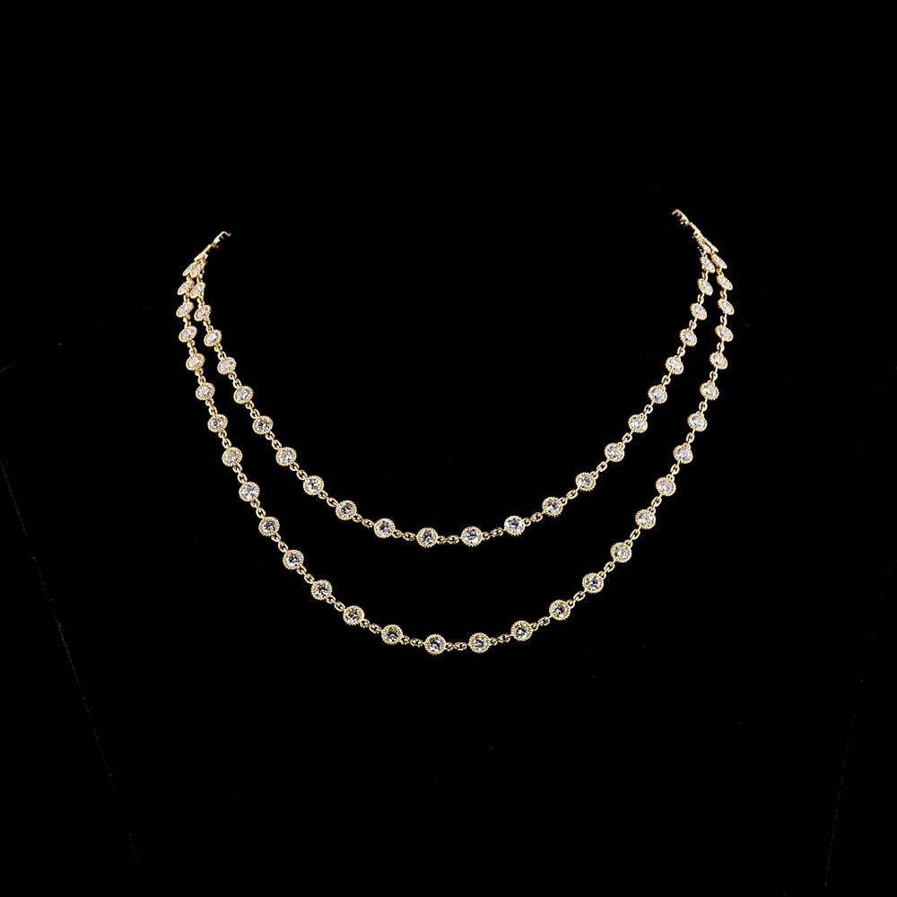 18K Yellow Gold Double Strand Station Necklace with Bezel Set Round Lab Diamonds - 14.06 Carats Total Diamond Weight, E-F Color VS2 Clarity - Covaloro Fine Jewelry