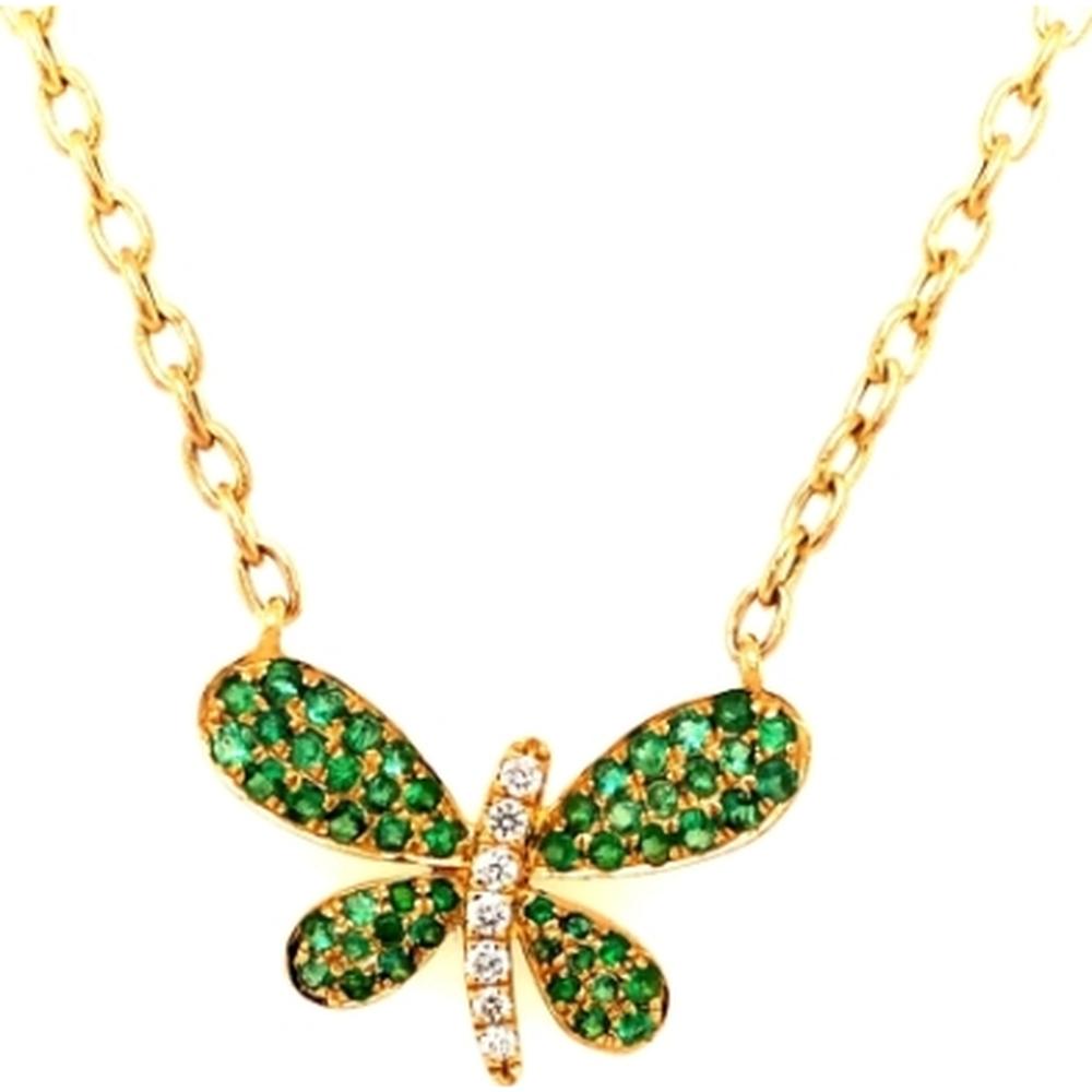 18K Yellow Gold Dragonfly Pendant with Emeralds and Round Diamond Accents by Afarin