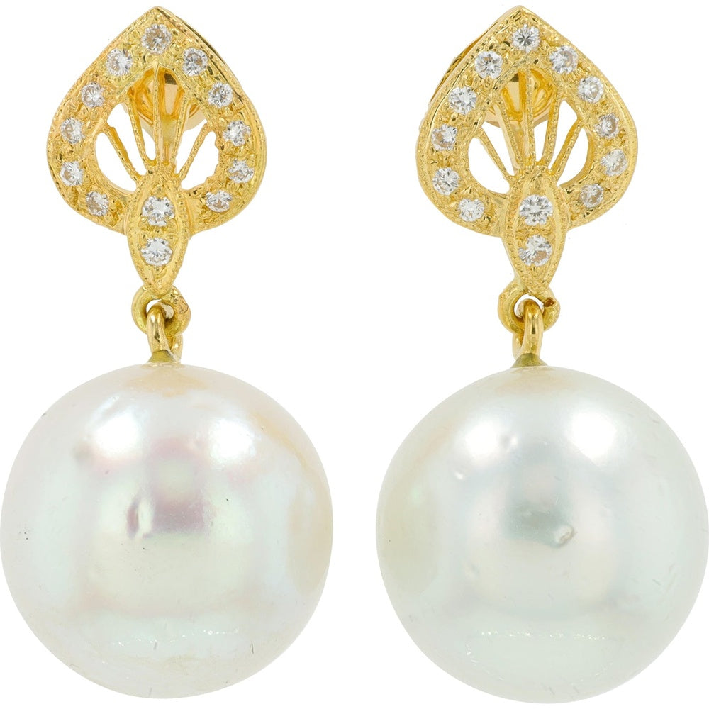 18K Yellow Gold Drop Earrings with 12mm Luminous Pearl and Diamond Accented Teardrop Setting - 0.12 Carat Total Diamond Weight