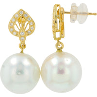 18K Yellow Gold Drop Earrings with 12mm Luminous Pearl and Diamond Accented Teardrop Setting - 0.12 Carat Total Diamond Weight