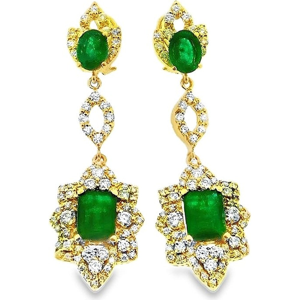18K Yellow Gold Drop Earrings with Cushion and Oval Emeralds and Halo Set Diamonds - 6.73 Carat Total Emerald Weight and 3.41 Carat Total Diamond Weight by Auriventus