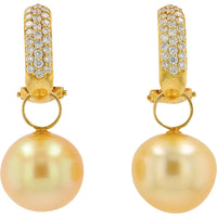 18K Yellow Gold Drop Earrings with Golden Pearls and Pavé-Set Round Diamonds - 0.50 Carat Total Diamond Weight