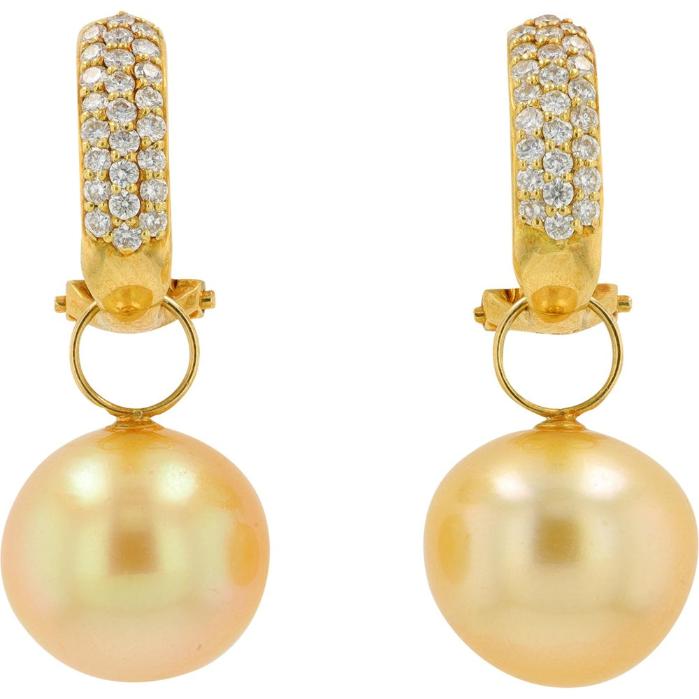 18K Yellow Gold Drop Earrings with Golden Pearls and Pavé-Set Round Diamonds - 0.50 Carat Total Diamond Weight