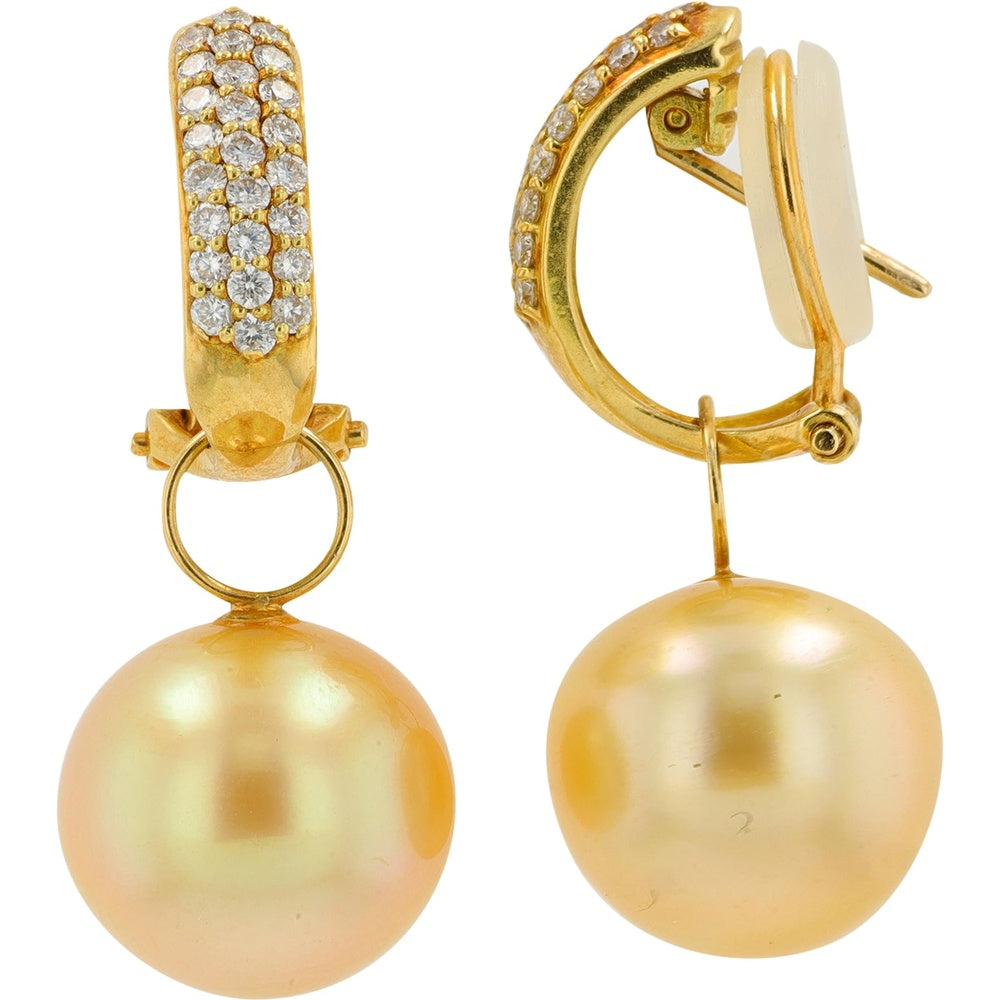 18K Yellow Gold Drop Earrings with Golden Pearls and Pavé-Set Round Diamonds - 0.50 Carat Total Diamond Weight
