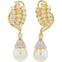18K Yellow Gold Drop Earrings with Round and Baguette Diamonds and Lustrous Pearl Drops - 5.25 Carat Total Diamond Weight