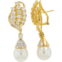 18K Yellow Gold Drop Earrings with Round and Baguette Diamonds and Lustrous Pearl Drops - 5.25 Carat Total Diamond Weight
