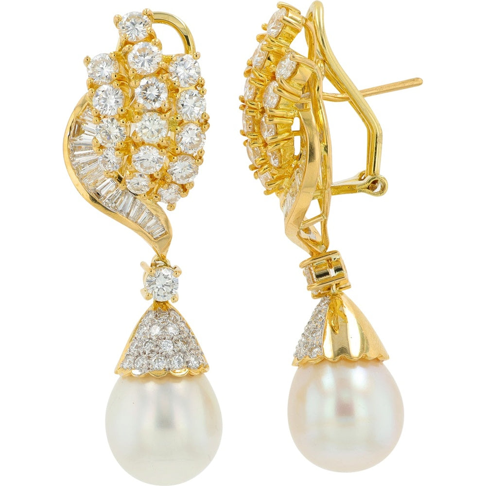 18K Yellow Gold Drop Earrings with Round and Baguette Diamonds and Lustrous Pearl Drops - 5.25 Carat Total Diamond Weight