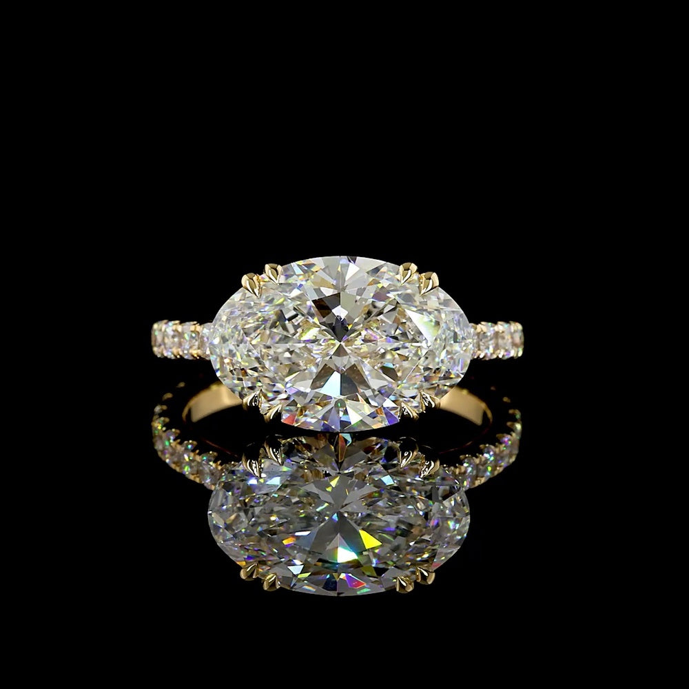 18K Yellow Gold East-West Hidden Halo Ring with 4.13 Carats Oval Lab Diamond and 0.65 Carats Round Diamond Accents - 4.78 Total Carat Weight IGI Certified - Covaloro Fine Jewelry