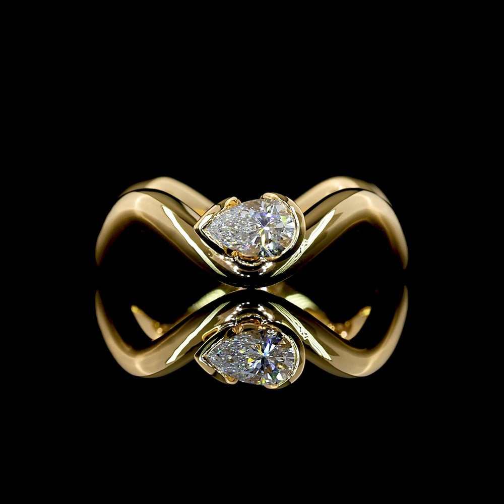 18K Yellow Gold East-West Pear Shape Solitaire Eternity Band with Half-Bezel Set Lab Diamond - 0.22 Carat Total Weight, F Color VS2 Clarity - Covaloro Fine Jewelry