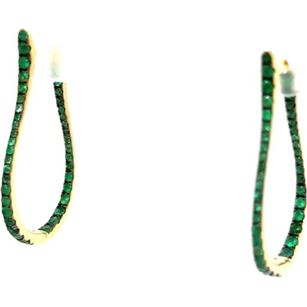 18K Yellow Gold Elongated Open Hoop Earrings with Emeralds by Afarin