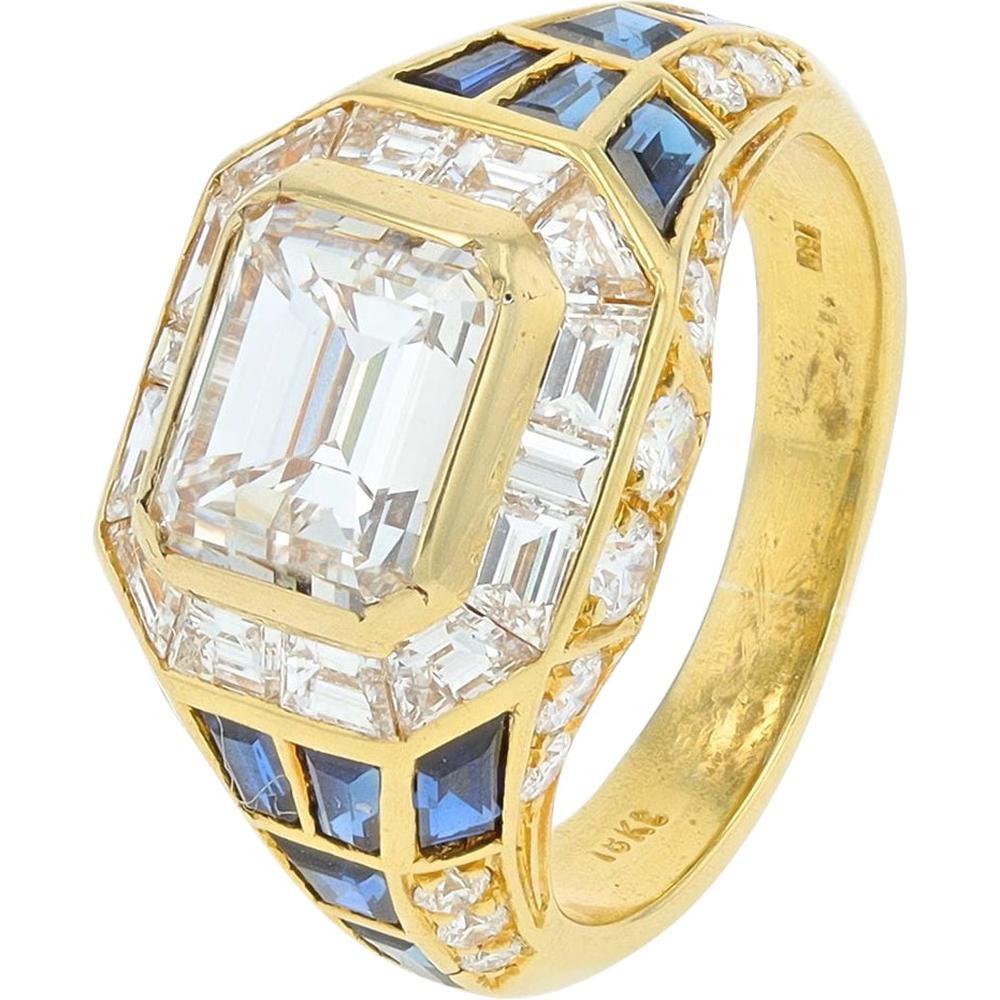 18K Yellow Gold Emerald Cut Diamond Engagement Ring with Sapphire Accents - 3.33 Carat Total Diamond Weight