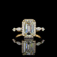 18K Yellow Gold Emerald Cut Lab Diamond Solitaire Ring with Marquise and Round Halo Accents - 3.63 Carat Total Diamond Weight - Covaloro Fine Jewelry