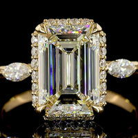 18K Yellow Gold Emerald Cut Lab Diamond Solitaire Ring with Marquise and Round Halo Accents - 3.63 Carat Total Diamond Weight - Covaloro Fine Jewelry