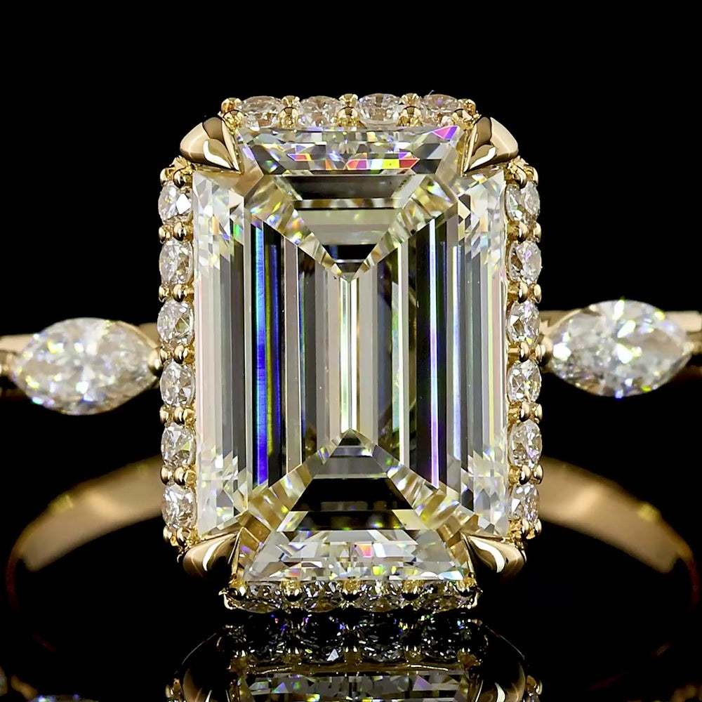 18K Yellow Gold Emerald Cut Lab Diamond Solitaire Ring with Marquise and Round Halo Accents - 3.63 Carat Total Diamond Weight - Covaloro Fine Jewelry