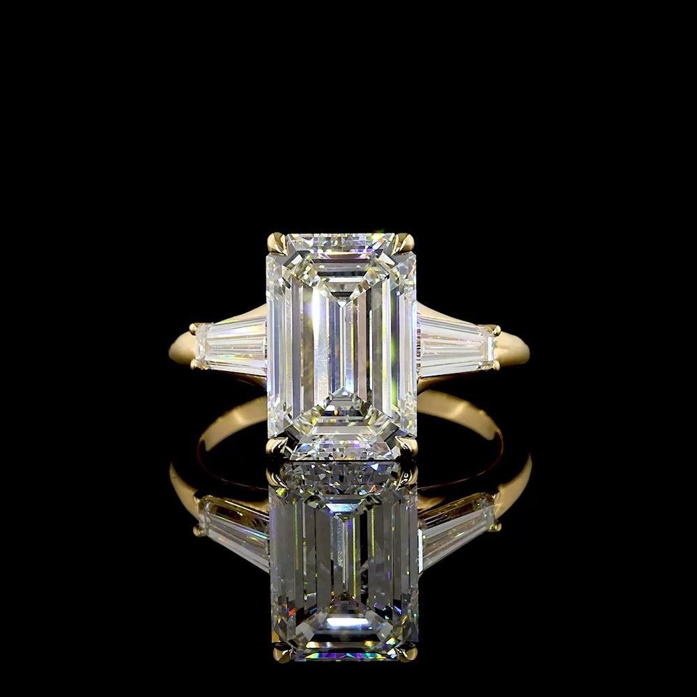 18K Yellow Gold Emerald Cut Three Stone Ring with Tapered Baguette Lab Diamonds - 4.77 Carats Total Diamond Weight - Covaloro Fine Jewelry