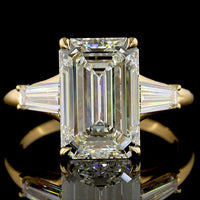 18K Yellow Gold Emerald Cut Three Stone Ring with Tapered Baguette Lab Diamonds - 4.77 Carats Total Diamond Weight - Covaloro Fine Jewelry